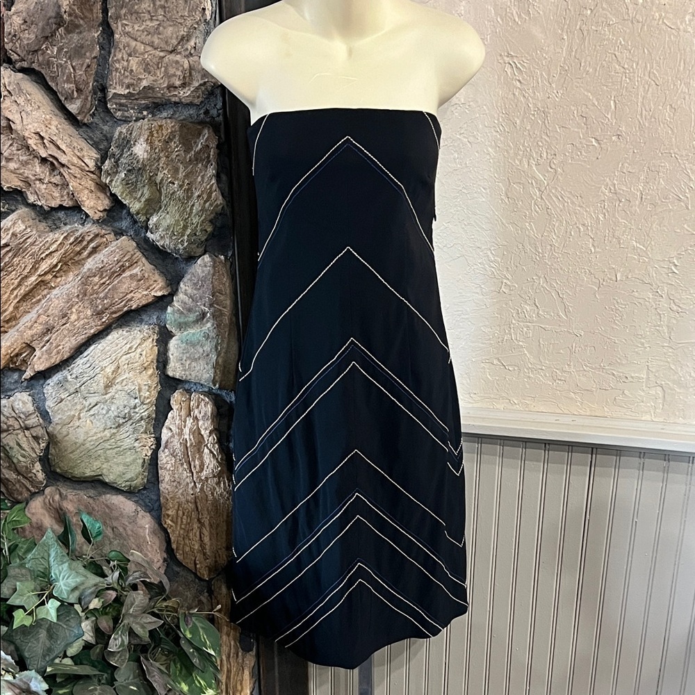 Poleci Black Strapless Dress with White Accents